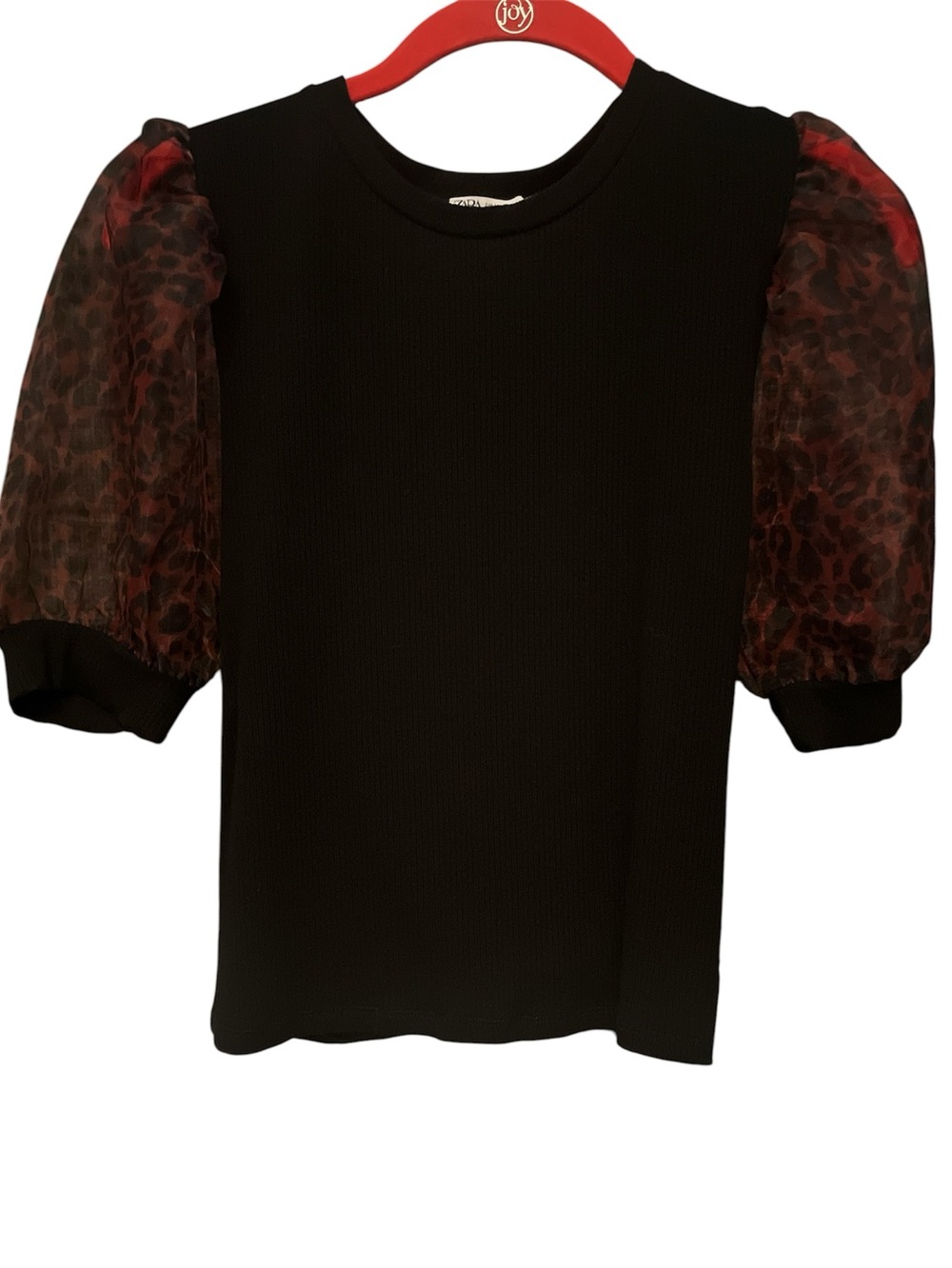 Zara Black Top with Red Leopard Puff Sleeves